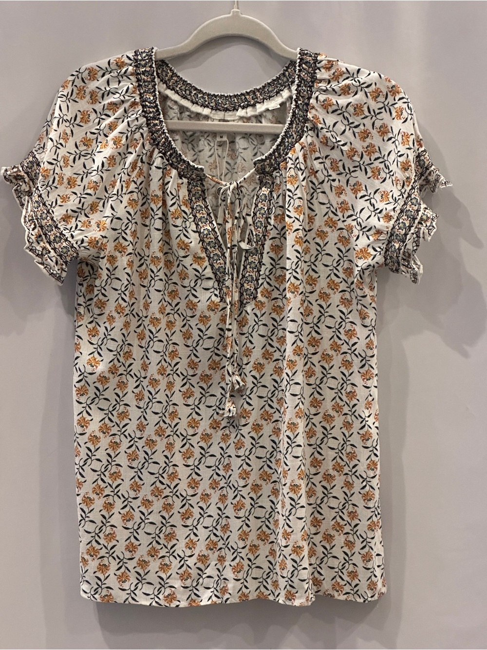 Max Studio White Floral Peasant Top with Mustard Accents